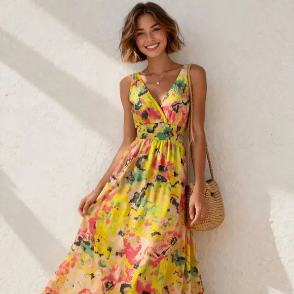 Anthropologie Chaundry KC Abstract Floral Maxi Dress NWT | Smocked Waist - Picture 1 of 7